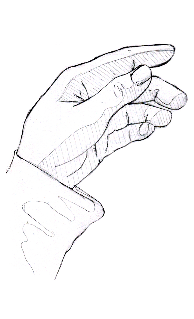 A study of  hand with sections of shading done in cross hatching