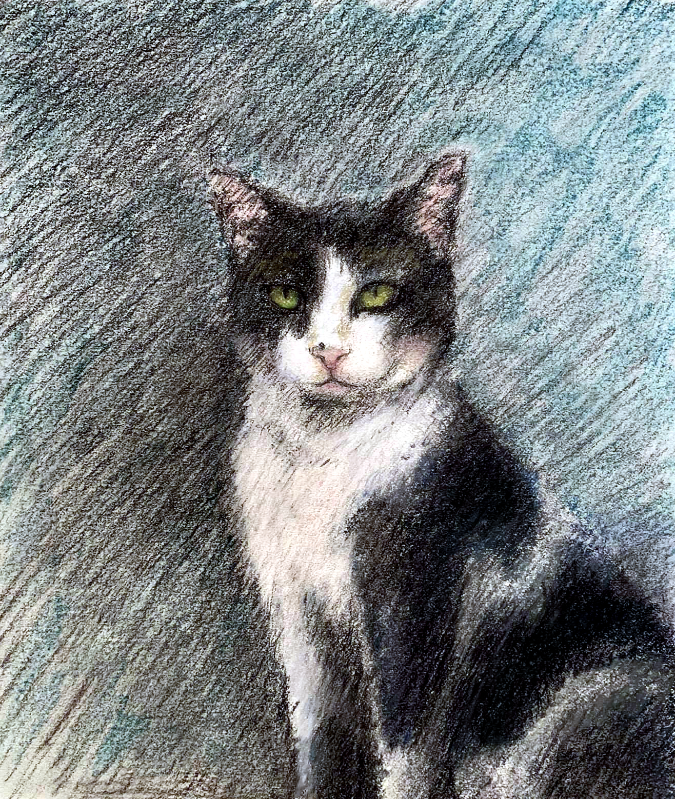 A pastel drawing of a black and white cat with yellow eyes and a black dot on her nose