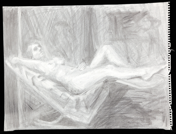 reclining nude done in graphite stick on paper