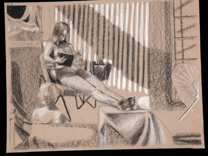 A nude woman reading amongst a still life