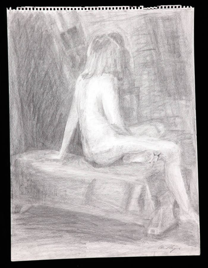 Arear facing seated nude done in graphite stick on paper