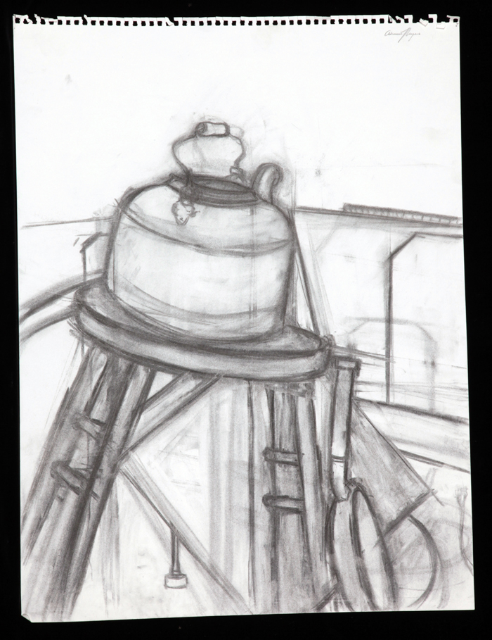 A still life with a teapot perched precariously on a leaning stool