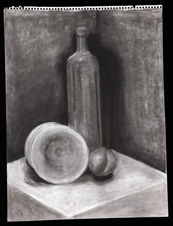 A still life with a plum, wine bottle, and tipped chalice