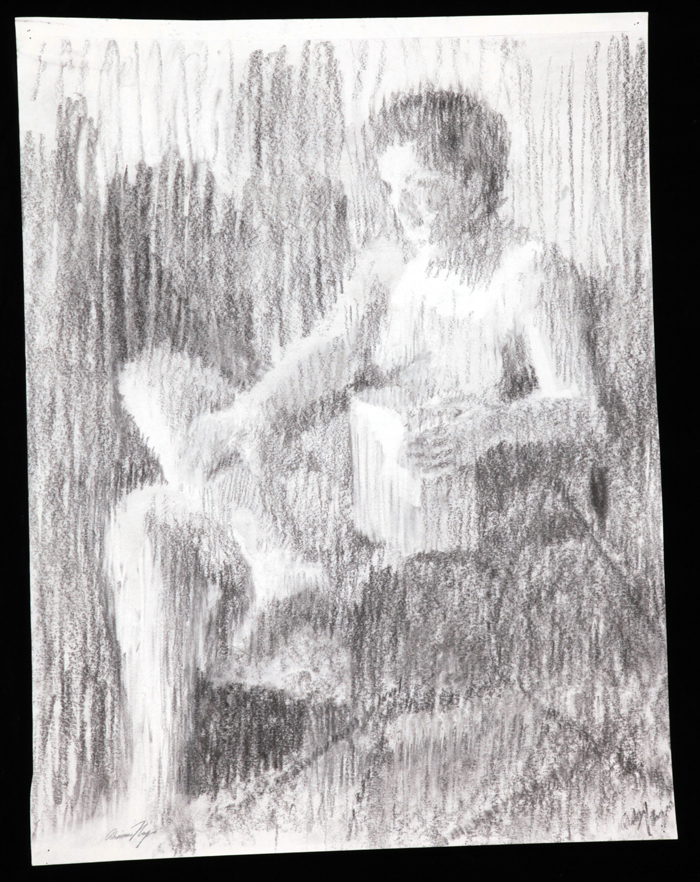 A seat nude holding a box, drawn in vine charcoal using vertical strokes only