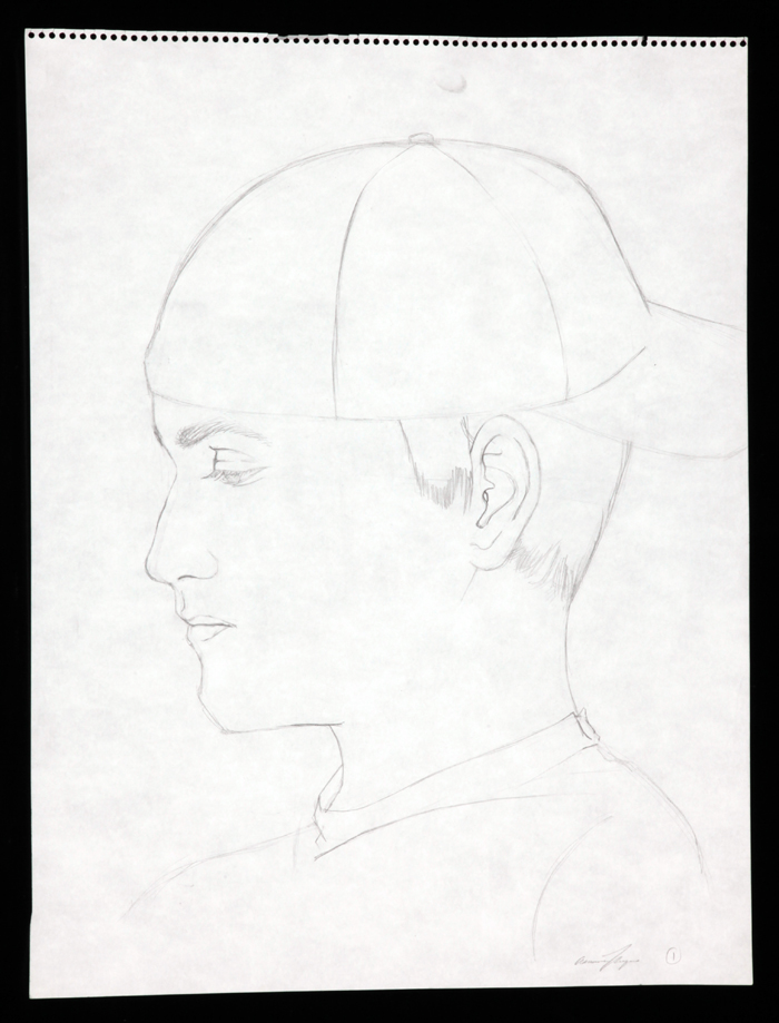 a profile line drawing portrait of a boy wearing a hat