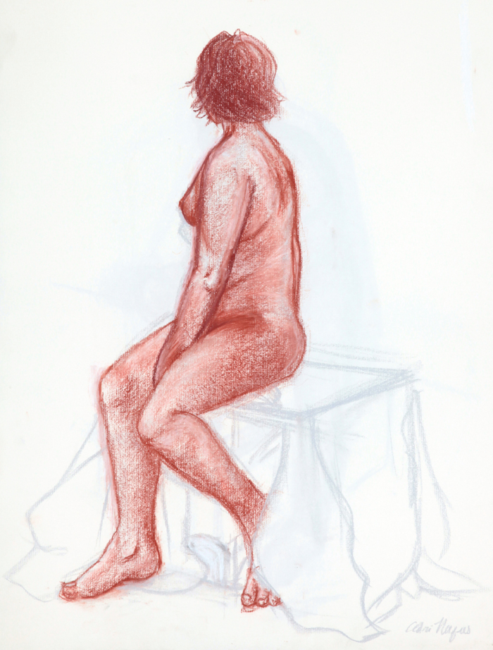a nude seated on a bench with torsion so as to make her rear facing done in conte stick