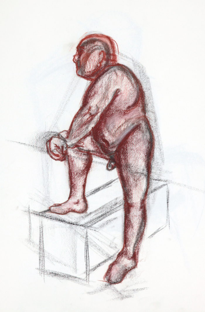 a male nude standing in profile with one leg raised on a platform, arms resting on his knee