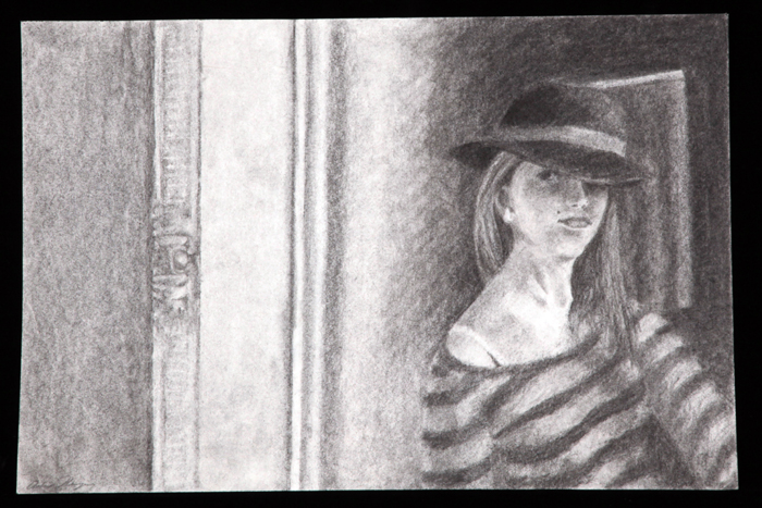 a 3/4 self portrait of the artist wearing a rimmed hat with a band, standing in a dark hallway