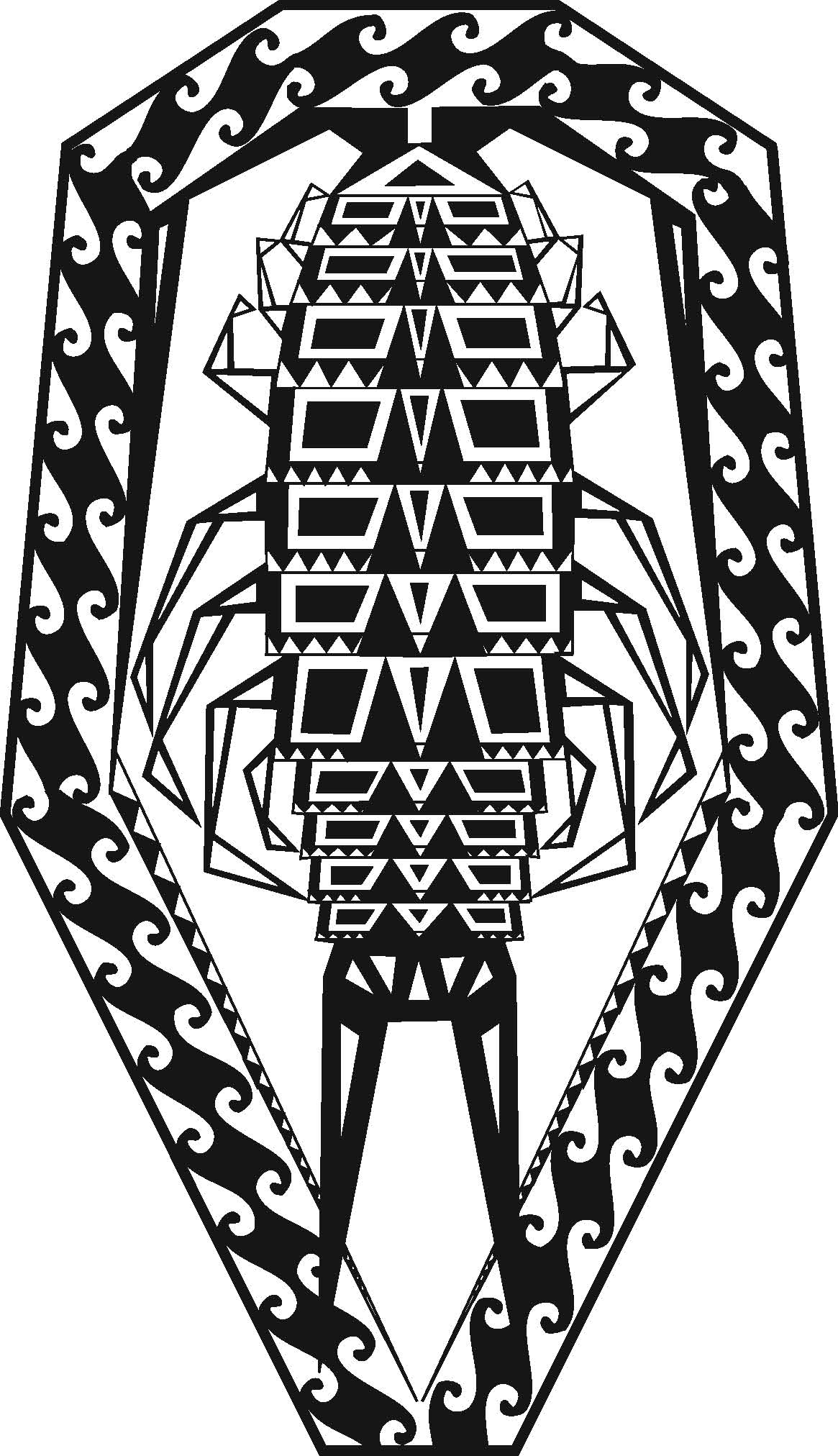 a stylized black and white isopod in the style of indigenous Hawaiian art
