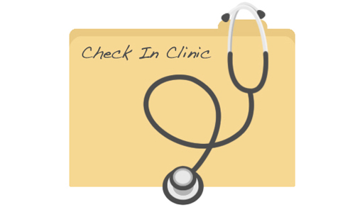 a folder labled "check in clinic" wearing a stethascope
