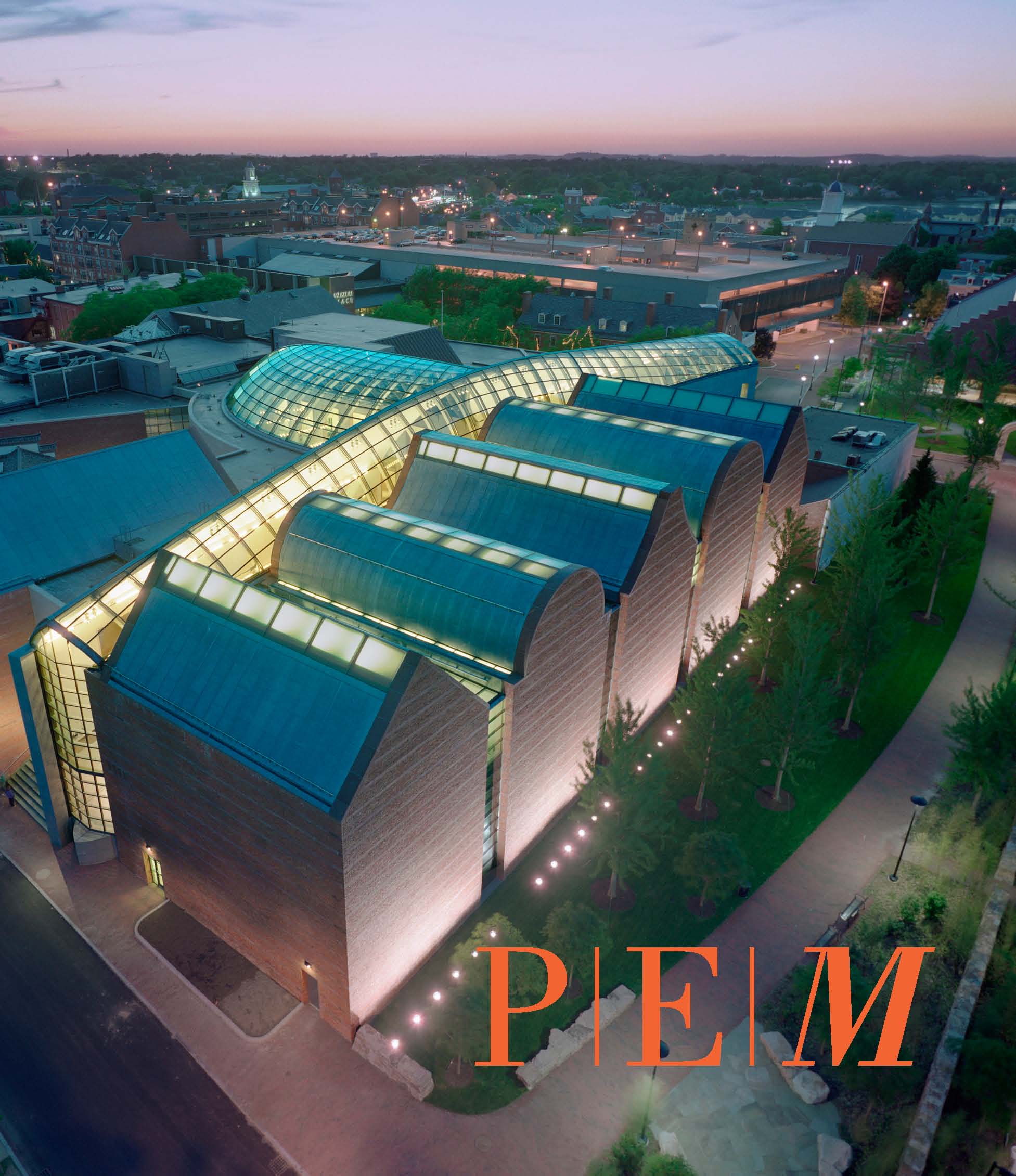 Cover of the PEM 2009 museum shop calendar in a CD case, an aerial shot of the Peabody Essex Museum with the museum logo in the bottom right hand corner
