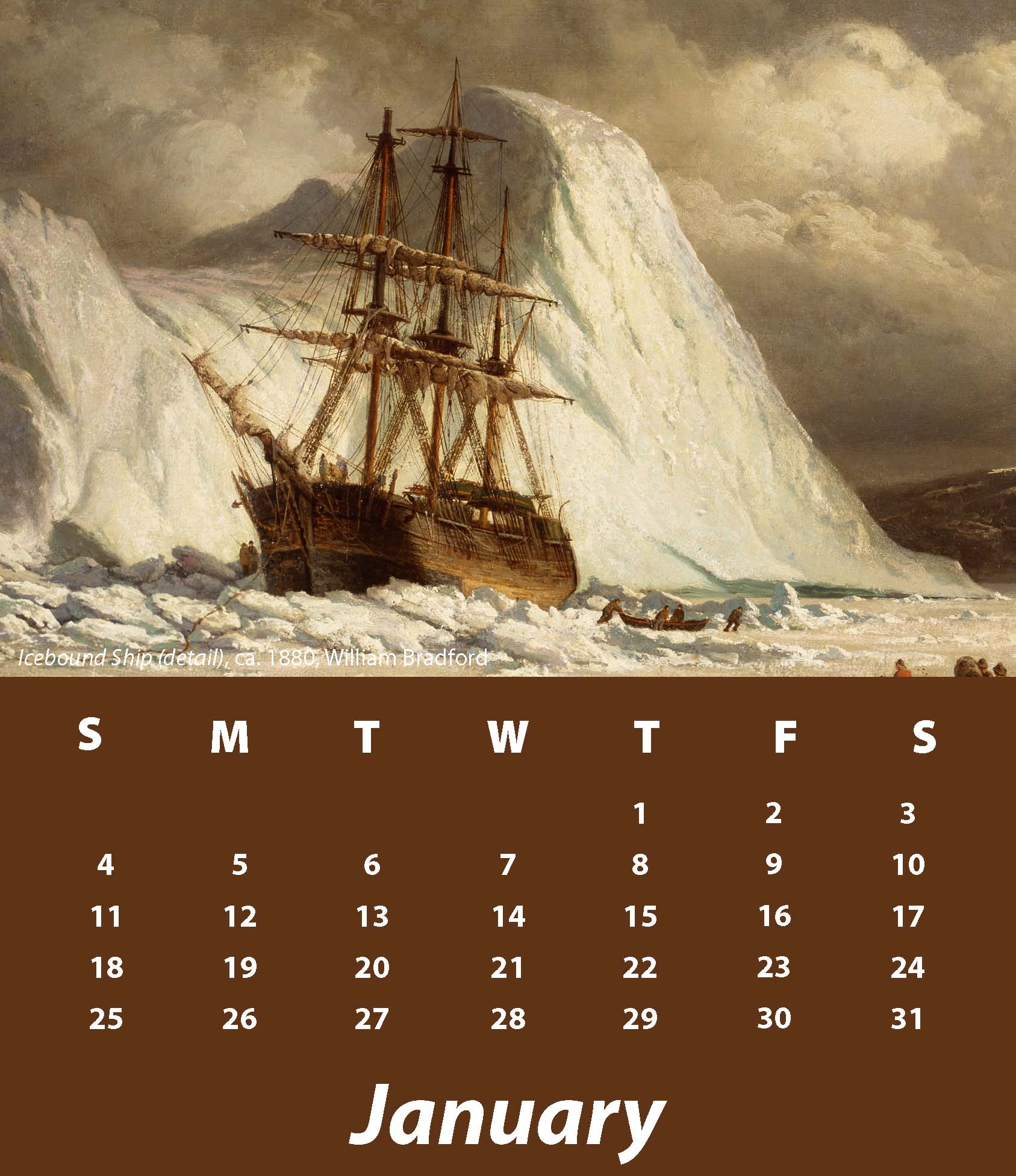 a January calendar in brown with the image Icebound Ship