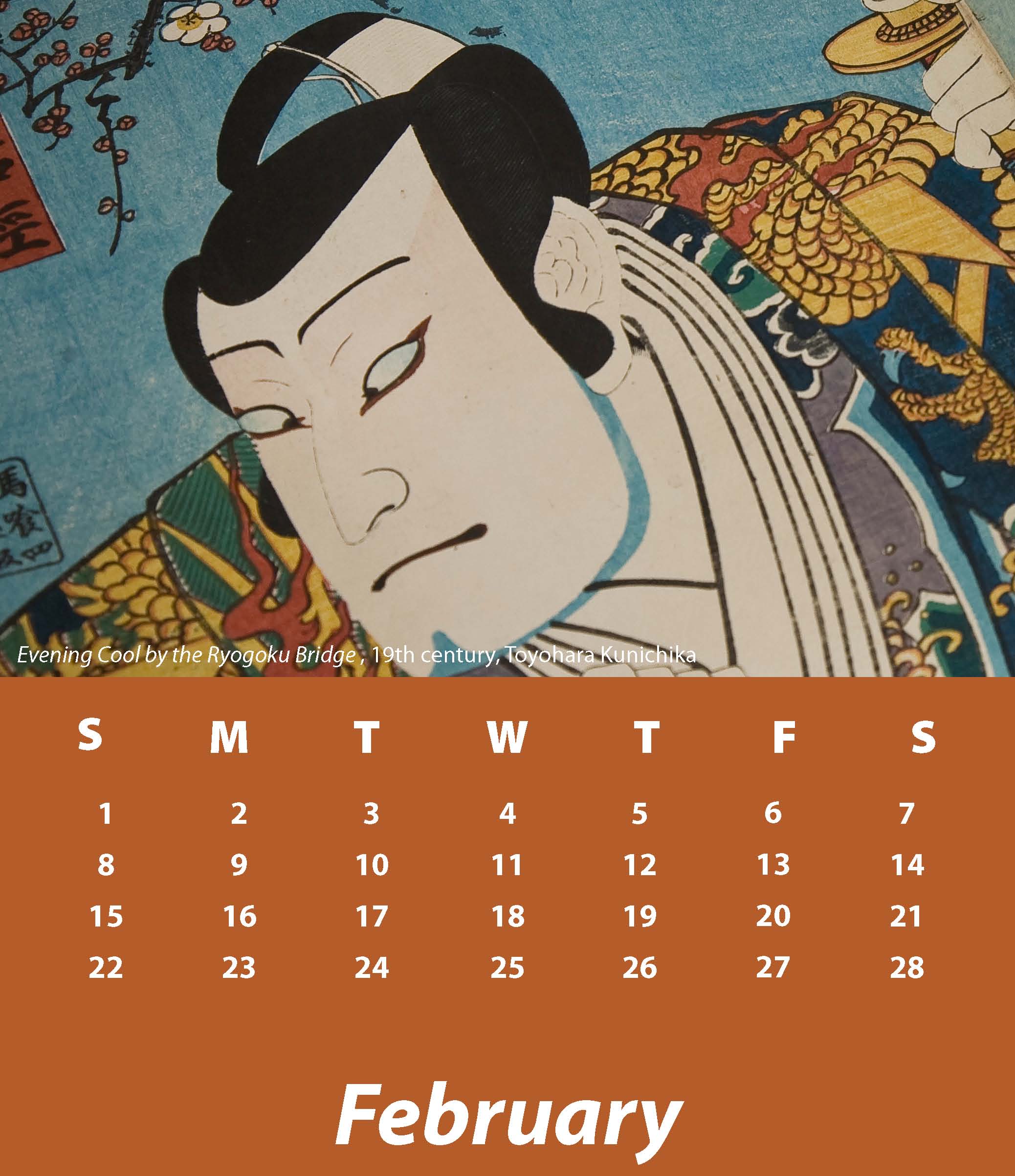 a February calendar in orange with the image Evening Cool by the Ryogoku Bridge