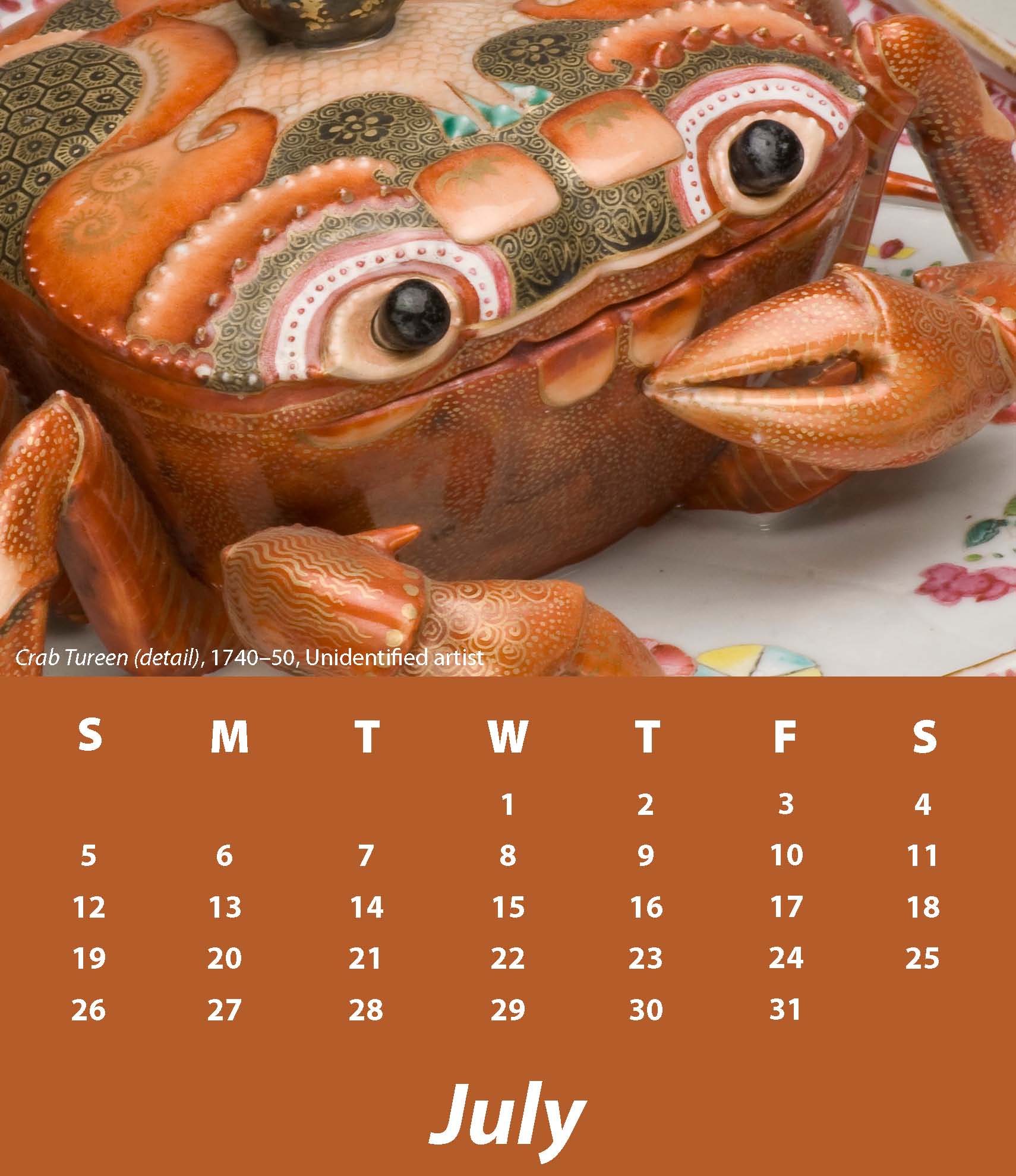 a July calendar with the image Crab Tureen