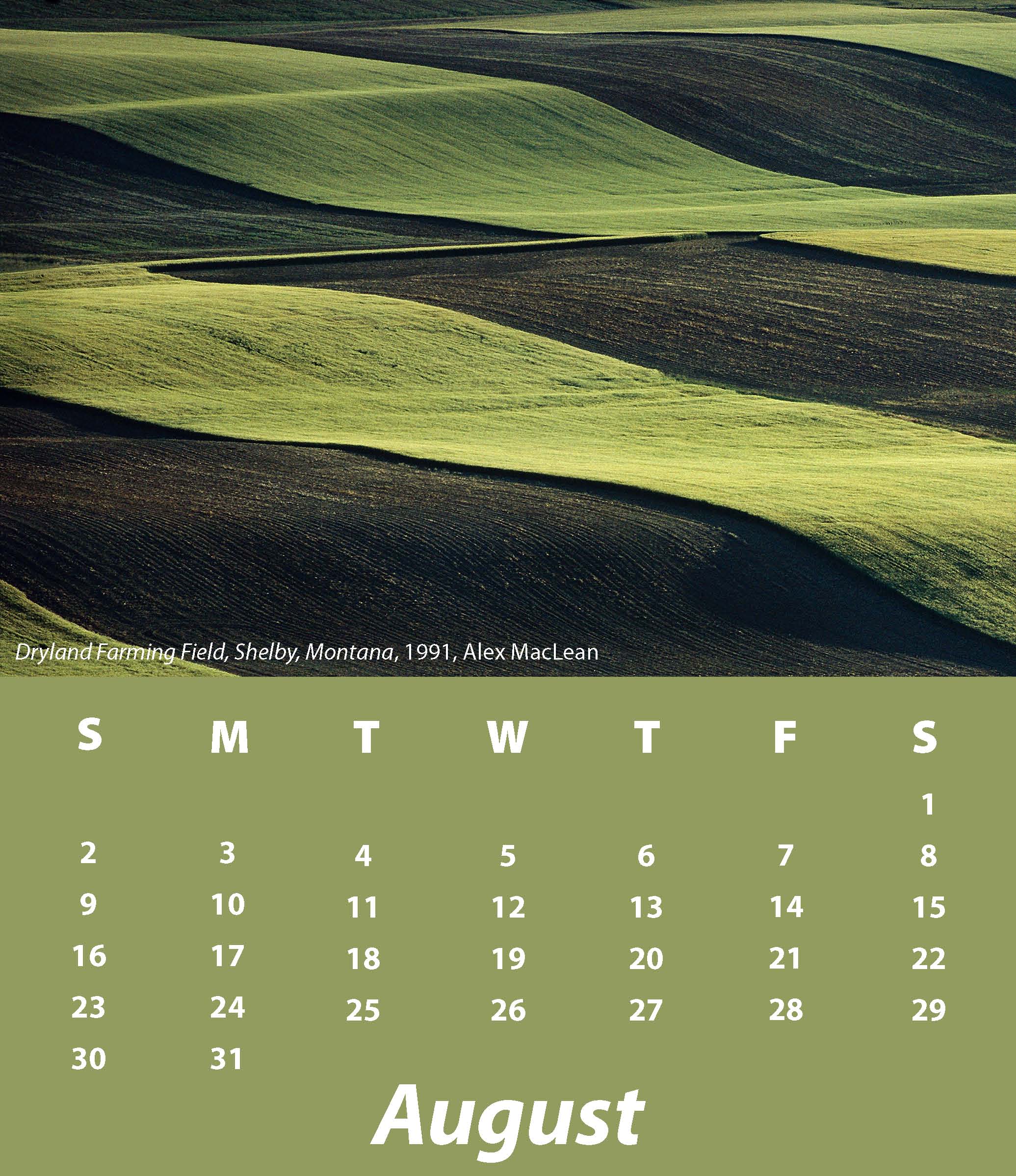 an August calendar with the image Dryland Farming Field
