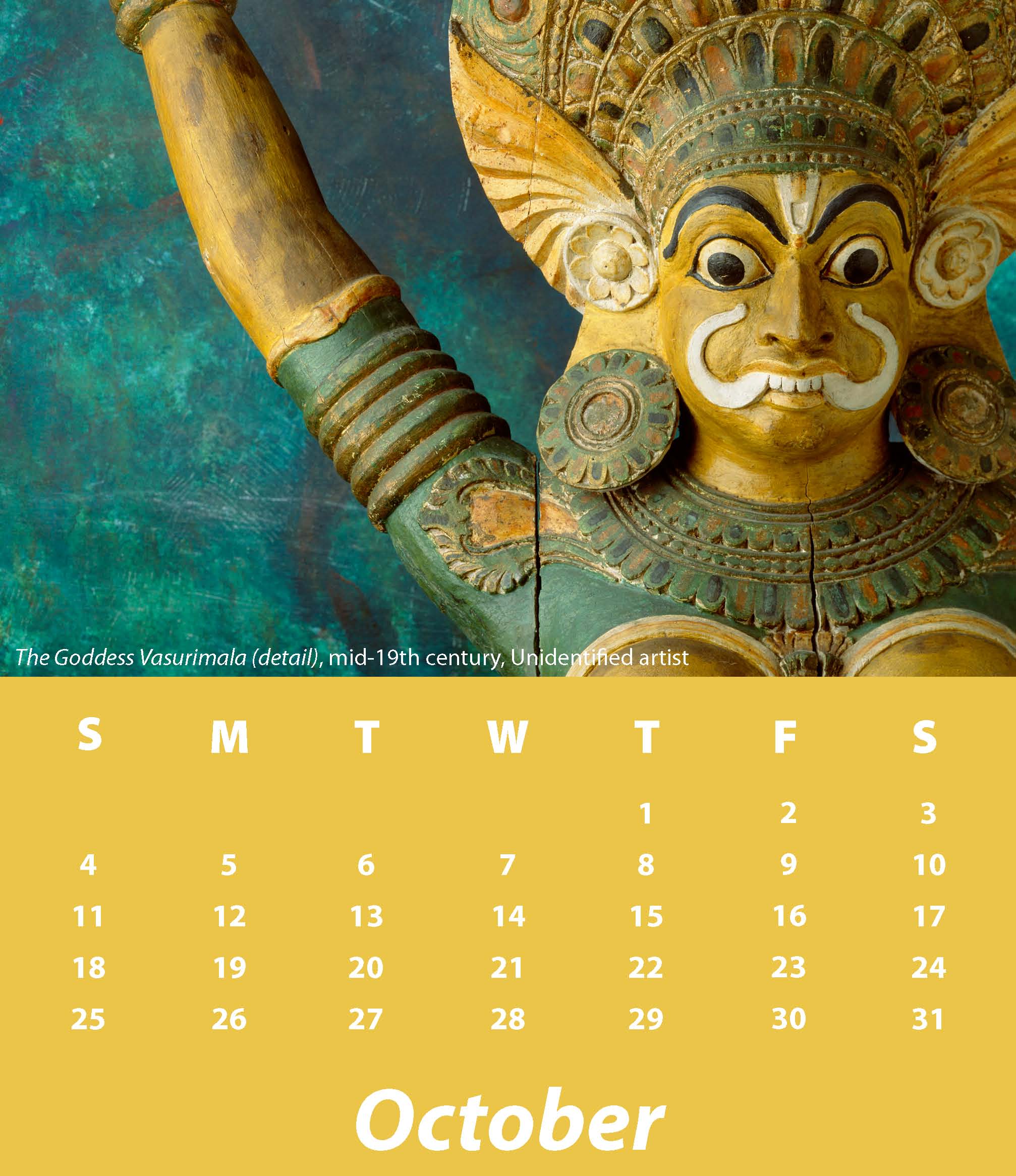 an October calendar with the image The Goddess Vasurimala