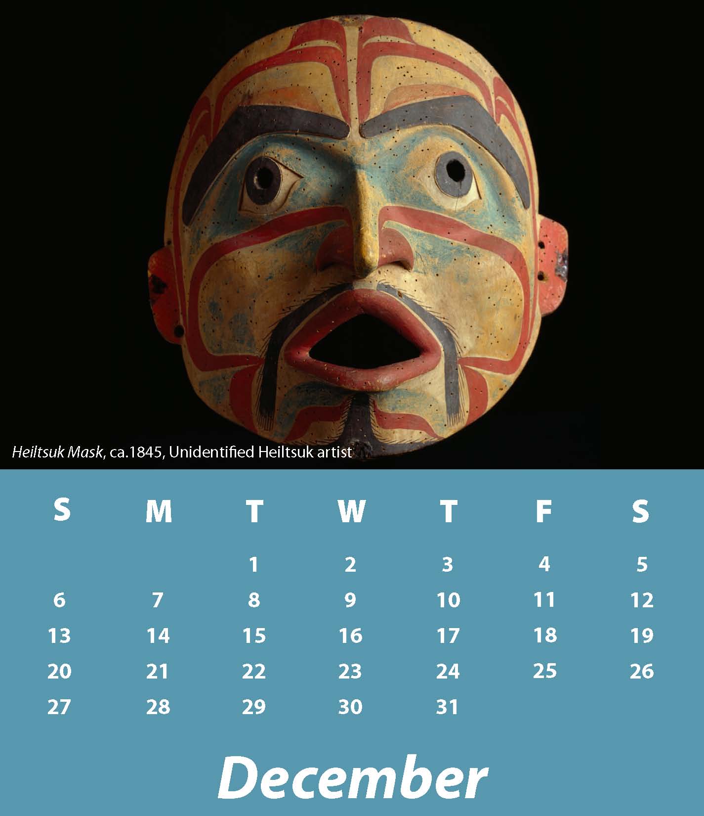 a December calendar with the image Heiltsuk Mask