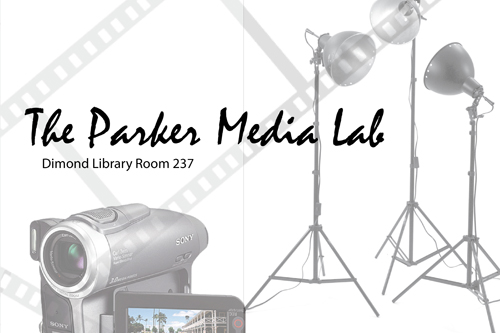 the front of a postcard for the Parker Media Lab. It shows studio lighting, a digital camera and film strip in the background. In the foreground it says "parker media lab Diamond Library Room 237"