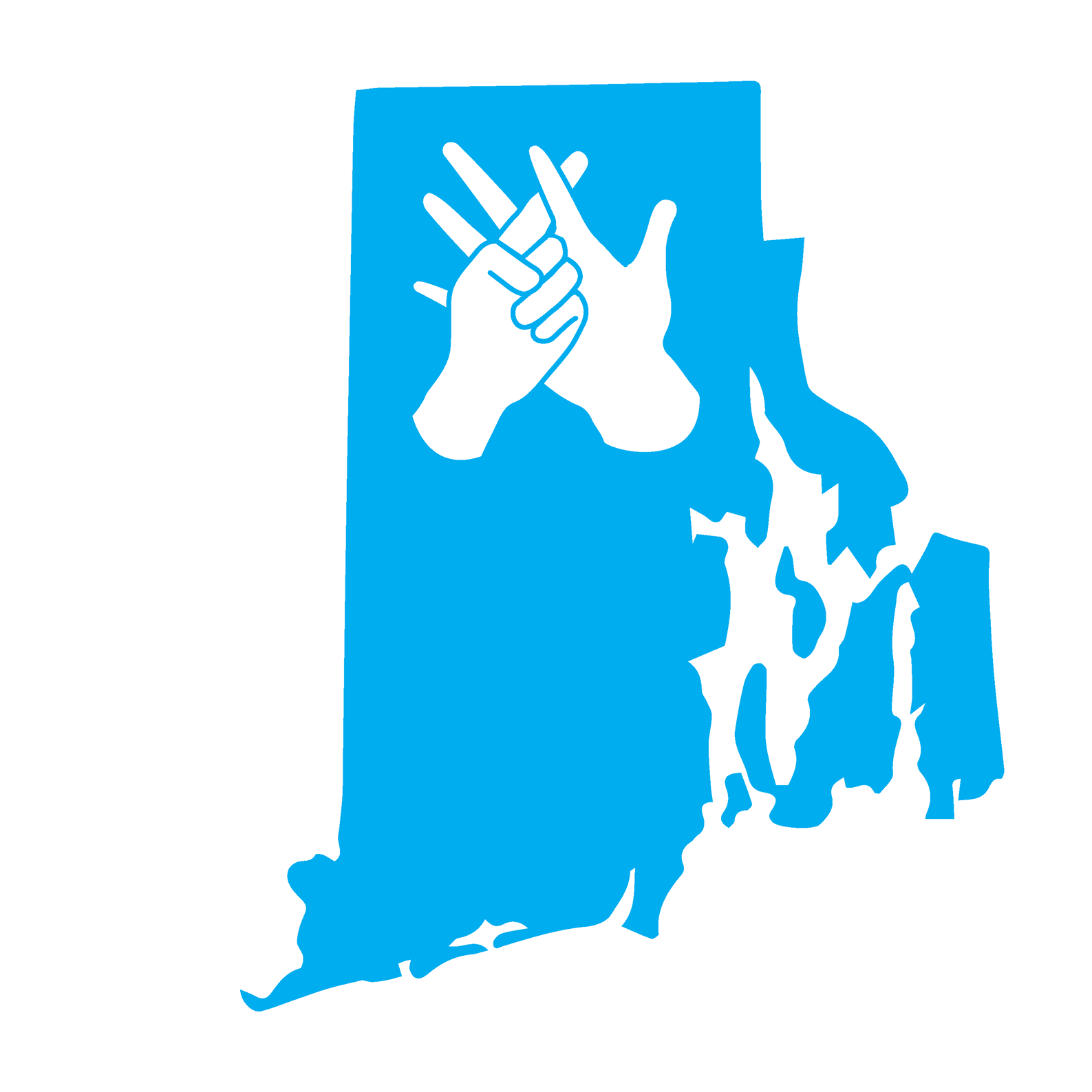 a logo for the sign language initiatives showing the sign for start on a siloutte of RI