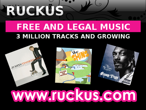 three cd covers are displayed, above them it says "ruckus free and legal music 3 million tracks and growing" underneath them it says "www.ruckus.com"