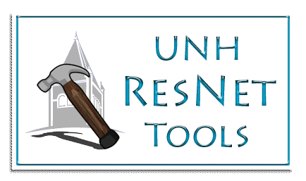 a hammer over the University of New Hampshire's T-Hall Logo next to the words UNH ResNet Tools