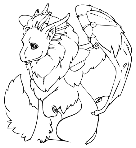 a docile looking, fluffy dragon with a mane, and steam punk wing sitting like a dog with one paw raised
