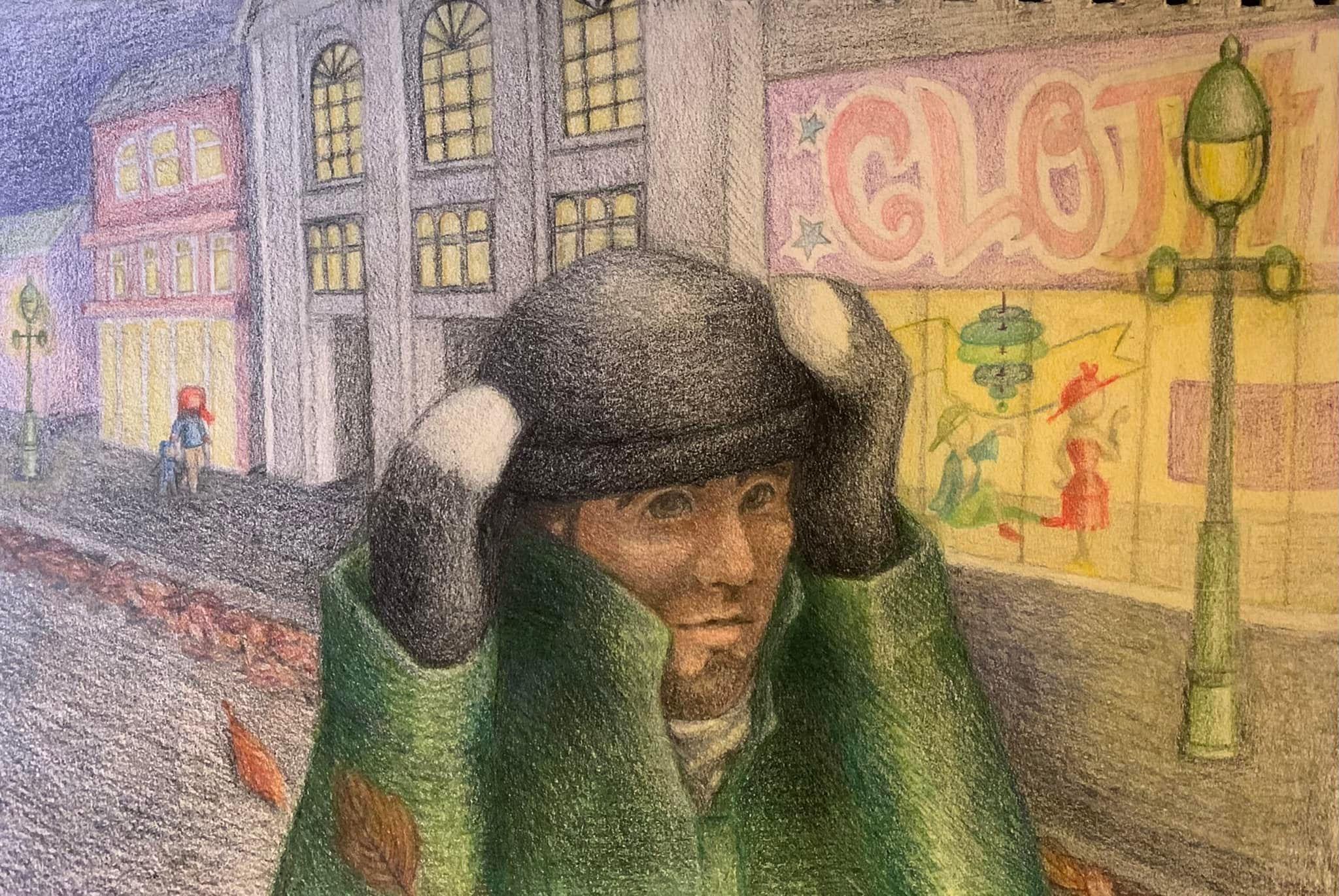 picture book illustration of a city block in the evening, a cold wind blows brown leaves, windows glow, a man in a green jacket pulls his hat down with gloved hands