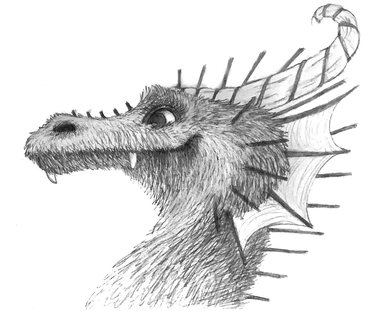 a profile bust of a smiling, fur covered dragon with spines and horns 