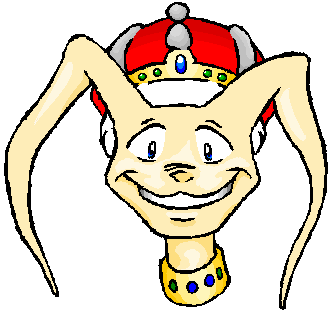 A bust of a yellow dog-like creature wearing a crown and gemed collar, grinning