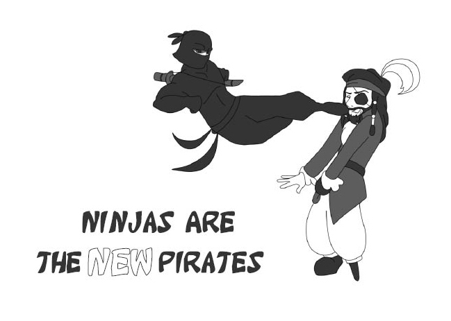 a tshirt design of a ninja jump kicking a pirate in the face with the caption ninjas