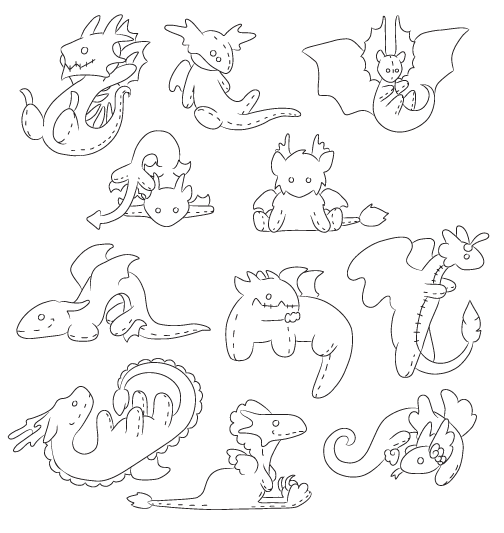 line art of various types of dragons if they were plushies