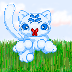 A blue cat-like creature runs through a field, distressed by a butterfly pearched on its nose