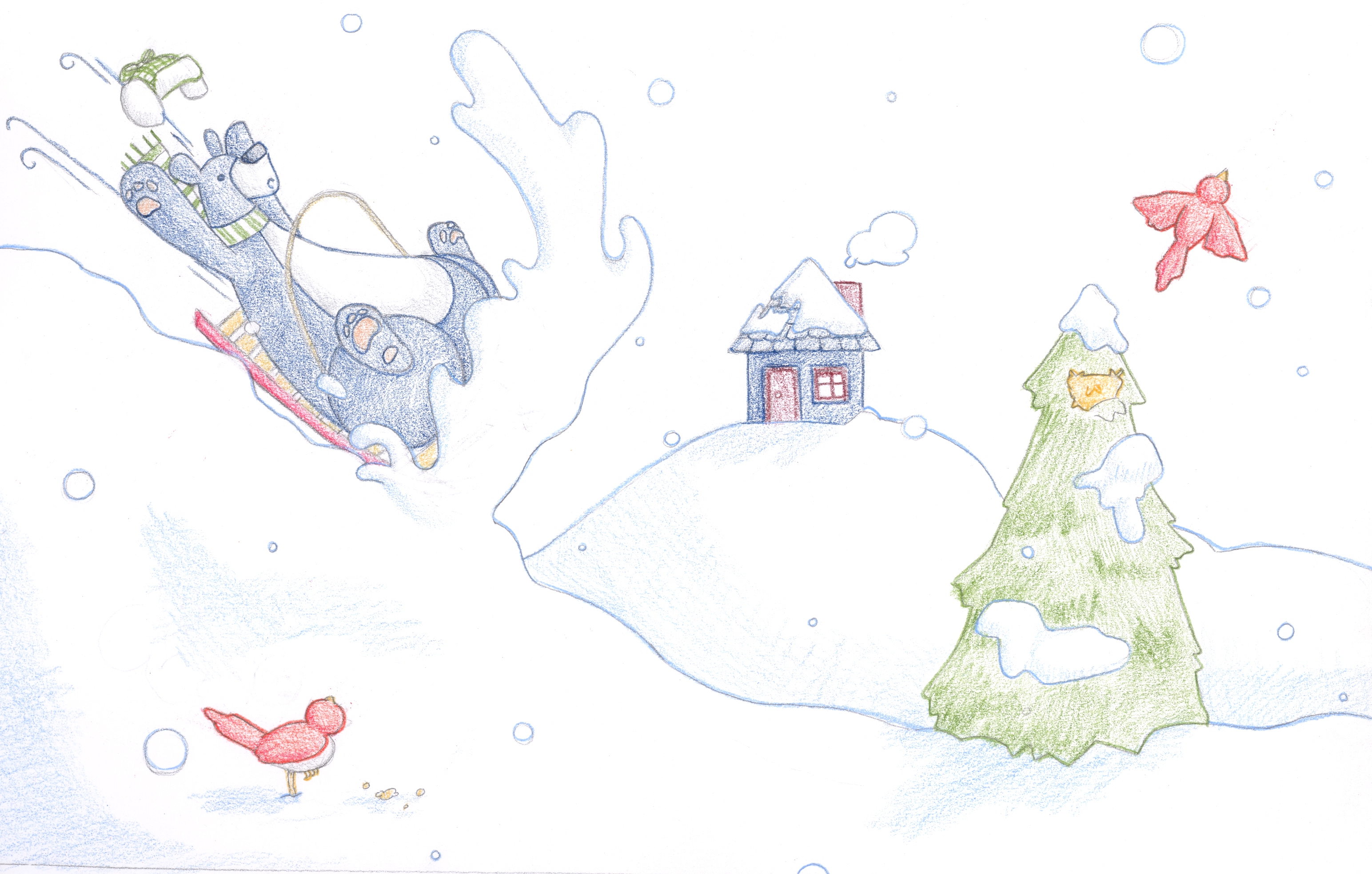 a blue bear in a hat and scarf is sledding out of control down a hil towards an evergreen with a nest, a red bird flies from the nest, another stops eating seeds to watch the bear, in the background is a little house with a chimney and a puff of smoke, snow is falling