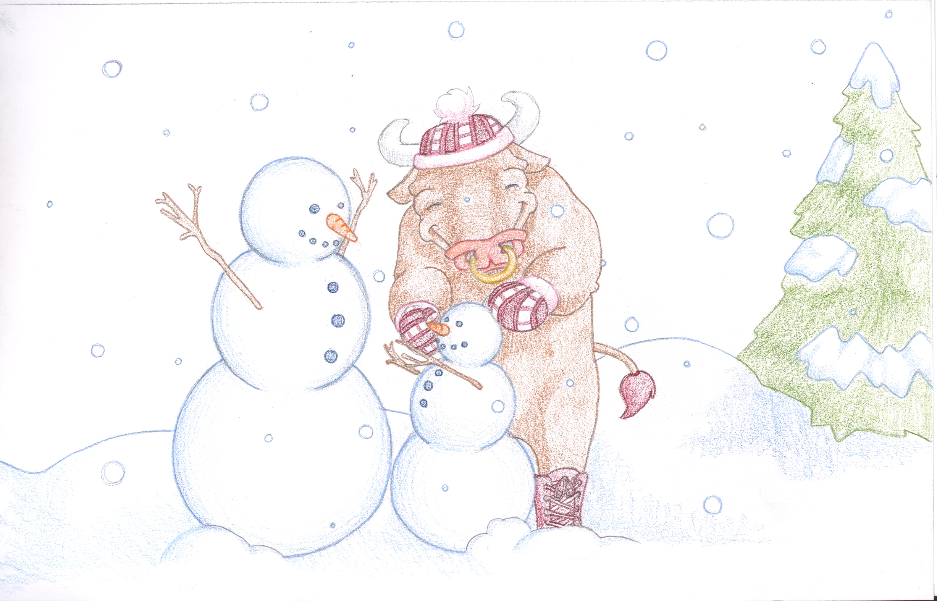 a smiling bull with a hat, boots, and mittens is making a snow child. The snow child is reaching up and smiling at a snow adult who throws it's stick arms out wide for a hug, in the background is an evergreen tree. Snow is falling