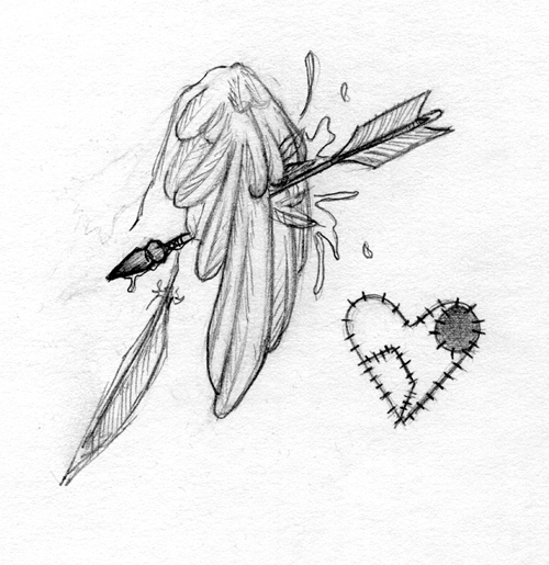 A feathery wing pierced by an arrow and a patch work heart