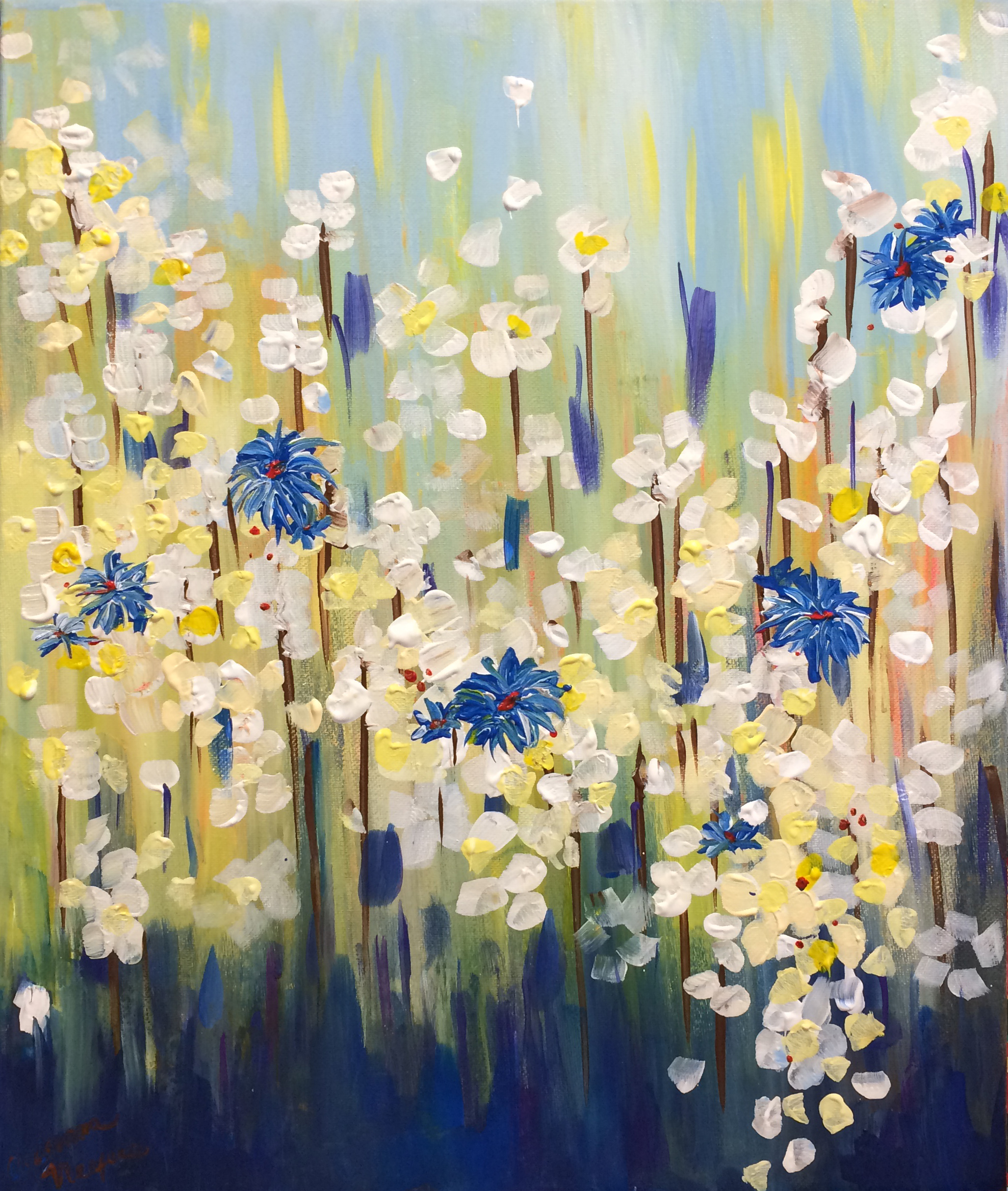 a field of tall flowers in cool tones with yellow accents and pops of red