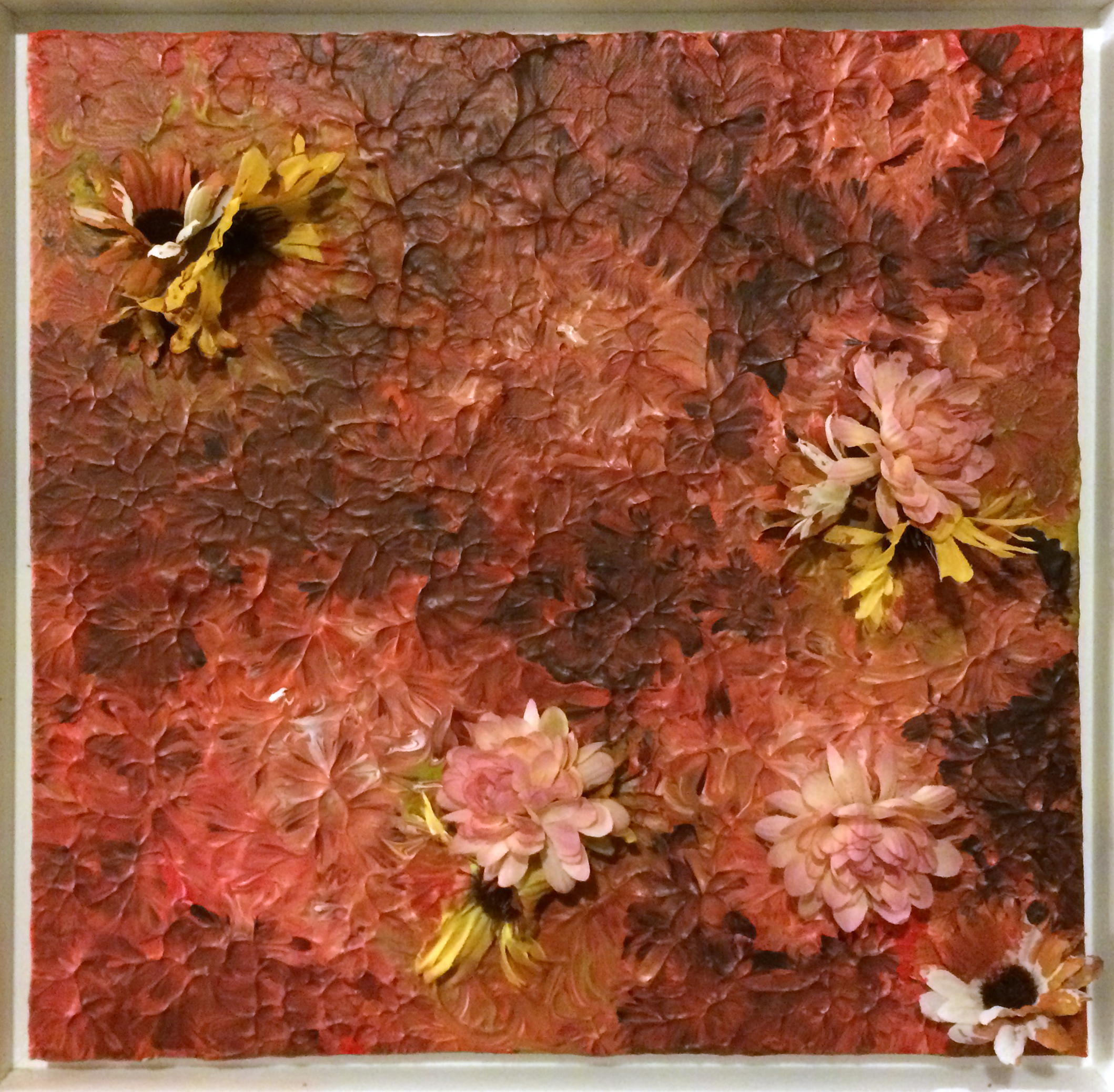 thickly impastoed deep red acrylic with silk flowers stuck down into and partially covered in the paint