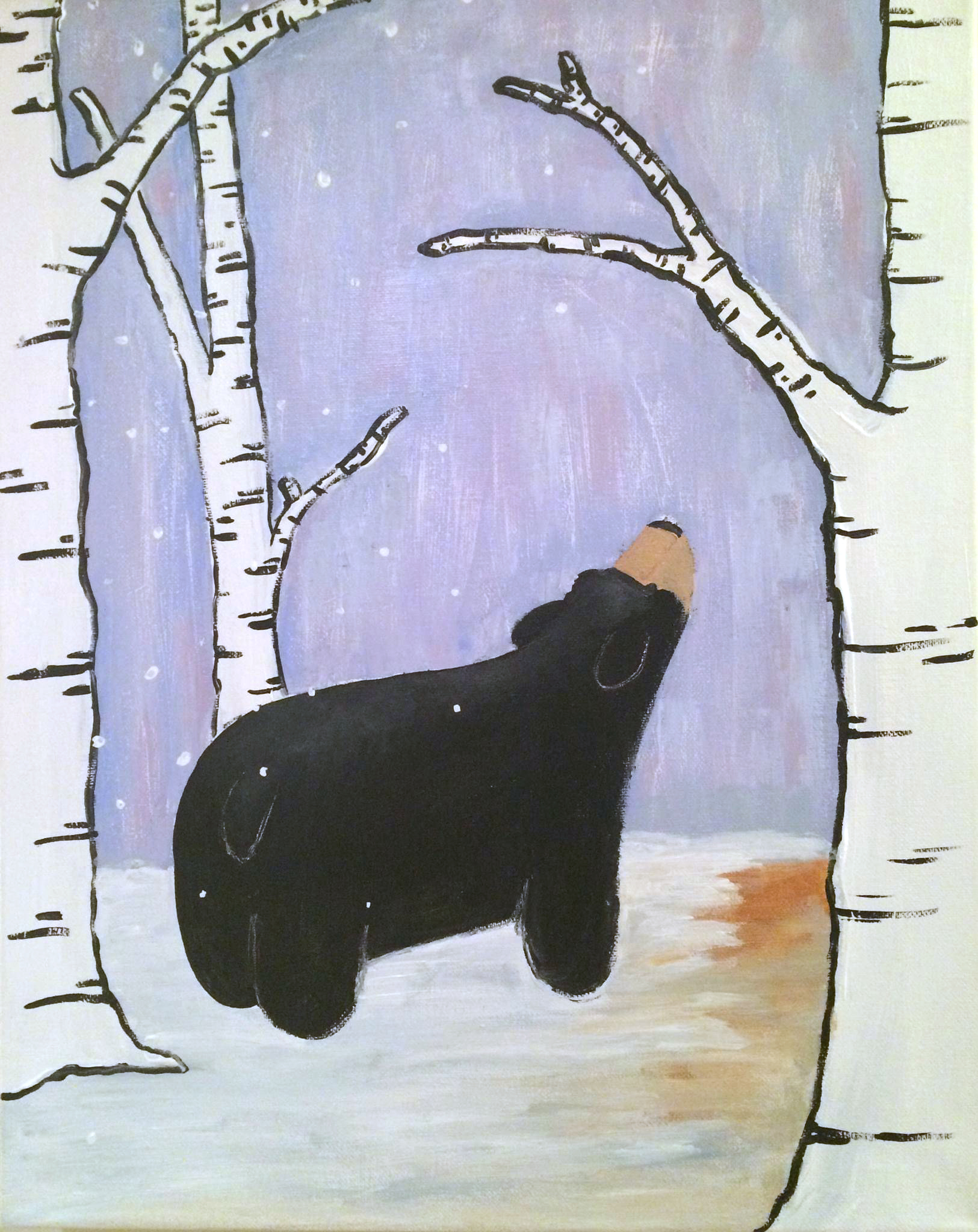 a black bear in a birch grove is looking up at the trees, there are flakes of snow falling behind it, in front of it the snow under it's feet is melting away