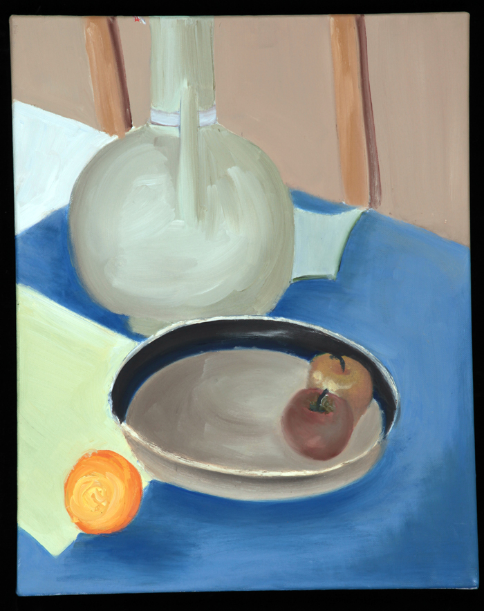 a still life of a pitcher, a plate of apple, and an orange