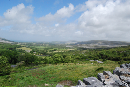 an irish landscape, green with rock walls